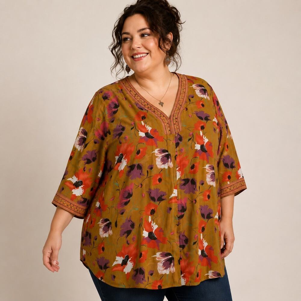 Maggie Barnes Boho Womens Size 4X 30/32W Orange Floral Sequin Button Up Top 3/4